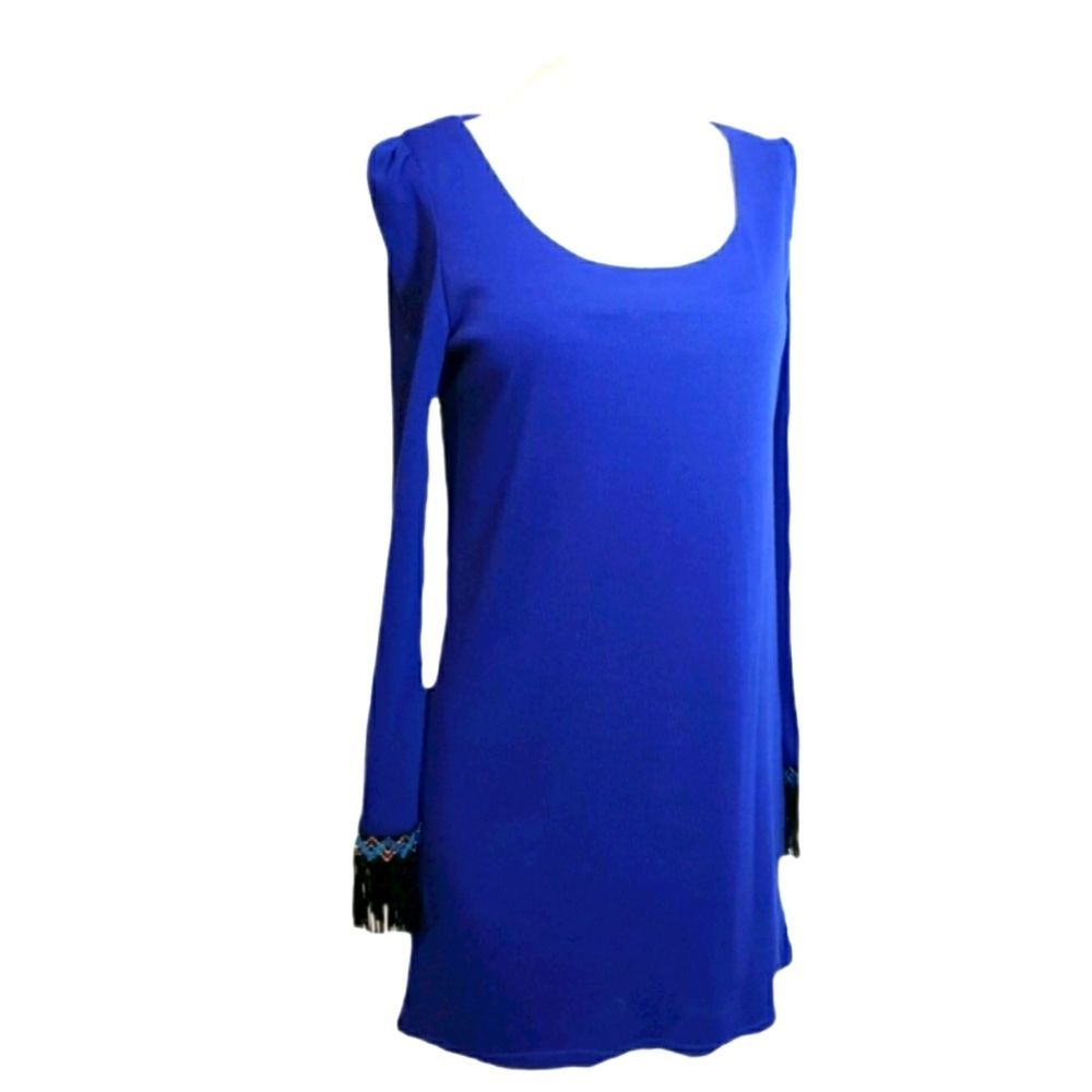 Judith March Blue Long Sleeve Dress Fringe Medium